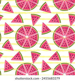 Whole and sliced watermelon slices on a light colored background. Seamless pattern