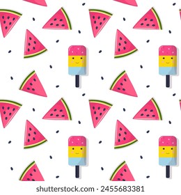Whole and sliced watermelon slices on a light colored background. Seamless pattern