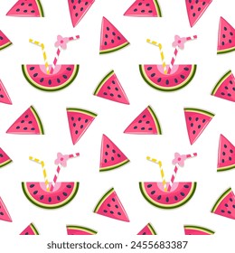 Whole and sliced watermelon slices on a light colored background. Seamless pattern
