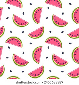 Whole and sliced watermelon slices on a light colored background. Seamless pattern