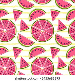 Whole and sliced watermelon slices on a light colored background. Seamless pattern