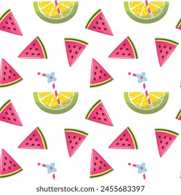 Whole and sliced watermelon slices on a light colored background. Seamless pattern