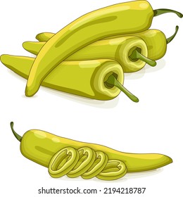 Whole, and slices of Banana Pepper for banners, social media. Yellow wax pepper. Banana chili pepper. Capsicum annuum. Cartoon style. Vegetables. Vector illustration isolated on white background.