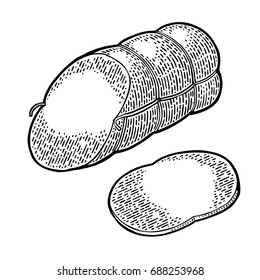 Whole and slices boiled sausage. Vintage vector engraving illustration. Hand drawn design element isolated on white background.