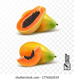 Whole and slices pieces papaya fruit, 3D realistic isolated vector, editable handmade mesh