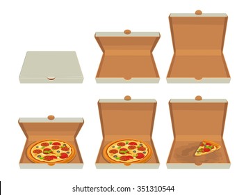 Whole and slices pizza in closed and open white box. Vector flat illustration isolated on white background. Hand drawn design element for label and poster