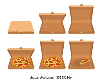 Whole and slices pizza  of closed and open brown carton packaging box. Vector flat illustration isolated on white background. Hand drawn design element for label and poster