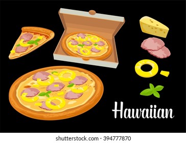 Whole and slices pizza Hawaiian in open white box. Isolated vector flat illustration on background. For poster, menus, logotype, brochure, web, delivery business