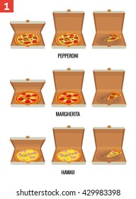 Whole and slices pizza in open and semi-open white box. Pepperoni, Hawaiian, Margherita. Vector isolated flat illustration for poster, menus, brochure, web and icon