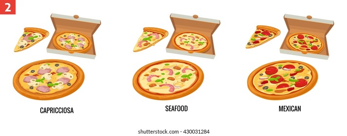 Whole and slices pizza in open white box. Mexican, Seafood, Capricciosa. Vector isolated flat illustration for poster, menus, brochure, web and icon.