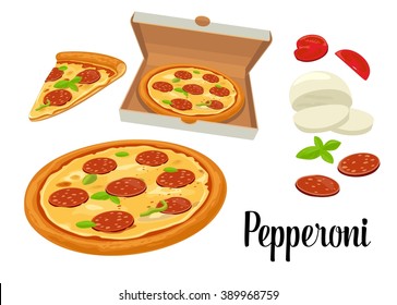 Whole and slices pizza pepperoni in open box. Isolated vector flat illustration on white  background. For poster, menus, logotype, brochure, web, delivery business