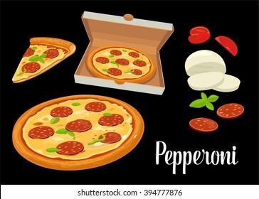 Whole and slices pizza pepperoni in open white box. Isolated vector flat illustration on black background. For poster, menus, logotype, brochure, web, delivery business