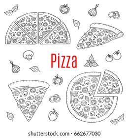  Whole and slices pizza set, hand drawn vector illustration. Italian pizza with pepperoni, cheese, mushroom, salami, tomatoes, isolated on white background.