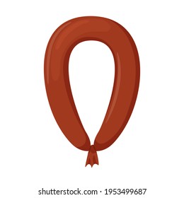 A whole smoked sausage is round. Meat product, Food ingredient. Ready-made food. Flat cartoon vector illustration isolated on a white background.