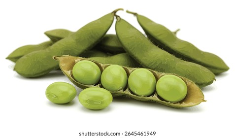A Whole Soyabean Pod Opened to Reveal the Green Beans Inside, Placed Next to Whole Pods on a Bright White Background