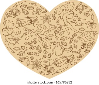 Whole spices arranged in heart shape