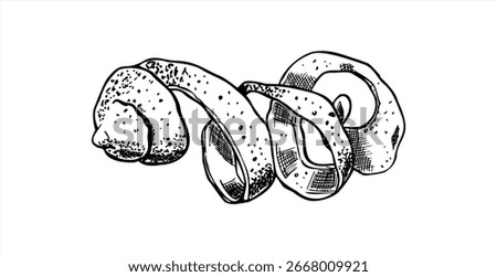 Whole spiral lemon peel vector illustration. Hand drawn outline citrus zest in twist shape line art. Monochrome aromatic fruit ingredient for beverage, bar menu, healthy food, cookbook design