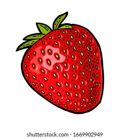 Whole strawberry. Engraving vintage vector color illustration. Isolated on white background. Hand drawn design element for label and poster