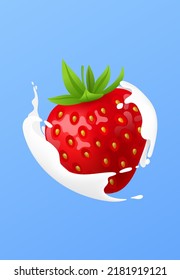 Whole strawberry. Fresh red ripe soft berry with milk liquid splash and pour, flowing yogurt or cream splatter drops. Realistic 3D vector illustration. Healthy food, sweet fruit. On blue background