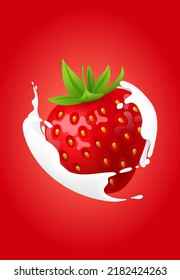 Whole strawberry. Fresh red ripe soft berry with milk liquid splash and pour, flowing yogurt or cream splatter drops. Realistic 3D vector illustration. Healthy food, sweet fruit. On red background