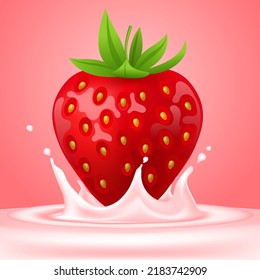 Whole strawberry. Fresh red ripe soft berry with milk liquid splash and pour, flowing yogurt or cream splatter drops. Realistic 3D vector illustration. Healthy food, sweet fruit. On pink background