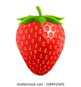 Whole strawberry. Fresh red ripe berry isolated on white background. Realistic 3D vector illustration. Healthy food, sweet fruit with vitamin C.