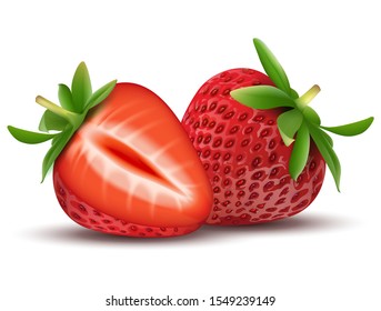 Whole strawberry fruit and sliced segments isolated on white background. Realistic vector illustration