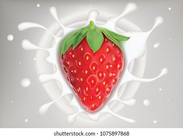 A Whole Strawberry And Milk Spash In A Realistic Depiction