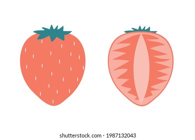 A whole strawberry and a piece of strawberry on an isolated white background. Flat vector illustration. Exotic Fruit.