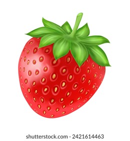 Whole strawberry. Realistic berry with green leaves. Fresh summer raw fruit for packaging and advertising decor. Healthy food. Delicious product. 3d isolated on white background vector illustration