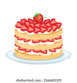 Whole Strawberry Shortcake Icon Vector. Sweet Cake With Strawberries And Whipped Cream Vector Isolated On A White Background. Layer Cream Cake On A Plate Drawing