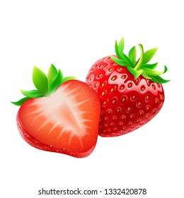 Whole strawberry and sliced half strawberry.  Fresh red ripe mellow berry on white background. Realistic 3d isolated vector illustration