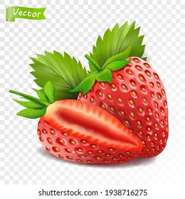 Whole strawberry and sliced half strawberry. Fresh red ripe mellow berry on white background. Realistic 3d isolated vector illustration