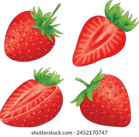 Whole strawberry and sliced half strawberry. Set of fresh red ripe mellow berry on white background. Realistic 3d isolated vector illustration