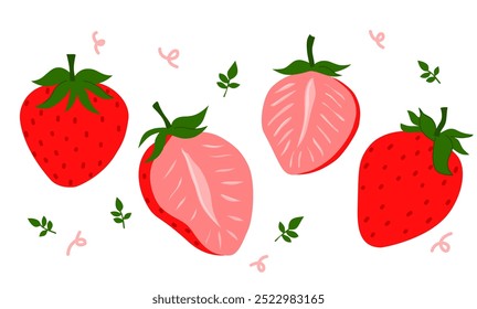 Whole strawberry and sliced half strawberry. Set of fresh red ripe strawberry on white background.