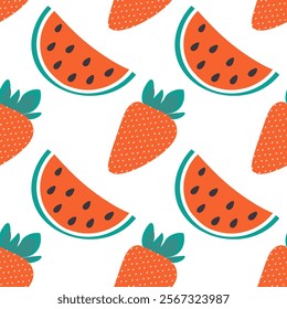 Whole strawberry and watermelon slices with seed Seamless Pattern. Summer berries background concept