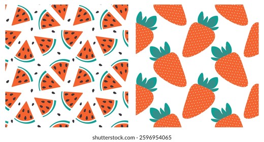 Whole Strawberry and watermelon triangular slices Seamless Patterns Set 2 Summertime Background idea