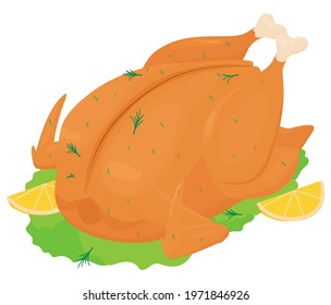 Whole stuffed fried, roasted chicken with orange crispy crust, cartoon vector illustration isolated on white background. Delicious meat dish with seasonings.