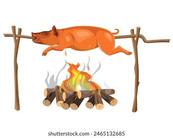 The whole suckling pig roasted on a spit. Grilled piglet on a fire. Barbecuing meat. Vector illustration isolated on a white background