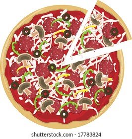 A whole tasty pizza with a slice pulled away from it.