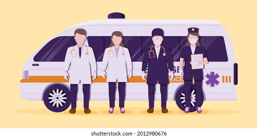 Todo el equipo de médicos y enfermeras con vehículos de emergencia para ayudar a los enfermos.