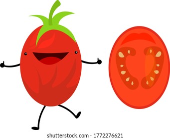 tomate entero y media textura cortada cerca de caricatura roja bailando y sosteniendo pulgares hacia arriba como gesto de aprobación objeto sobre un concepto de fondo blanco de verduras y agricultura