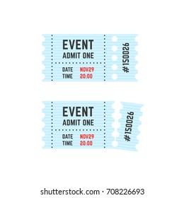 Whole And Torn Raffle Ticket Stub Icon. Concept Of Admission Tkt For The Movie Premiere Or Card Template. Simple Flat Style Trend Modern Logotype Graphic Design Illustration Isolated On White