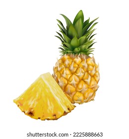 Whole tropical pineapple and sliced pineapple. Fresh уellow ripe mellow fruit on white background. Realistic 3d isolated vector illustration eps10