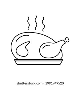 Whole turkey or chicken is on platter. Simple turkey or chicken icon, line art on white background. Home food logo. Design element for menus and banners. Christmas turkey. Vector illustration