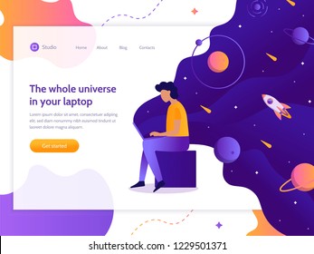 The whole universe in your laptop. A man works at a computer from which flows space. Web development. Landing design template. Flat vector illustration.