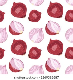 Whole unpeeled red onion and its cut parts. Seamless pattern in vector. Suitable for printing, backgrounds and prints.