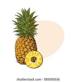 Whole, Unpeeled, Uncut, Vertical Pineapple And Peeled Round Slice, Sketch Style Vector Illustration With Place For Text. Realistic Hand Drawing Of Whole And Slice Of Fresh, Ripe Pineapple