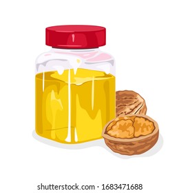 La nuez entera y su mitad están junto a un frasco transparente cerrado por una tapa roja con aceite amarillo. Antioxidante natural. Se utiliza en la cocina, la cocina, la elaboración de jabón. Vector aislado en blanco para el diseño del embalaje.