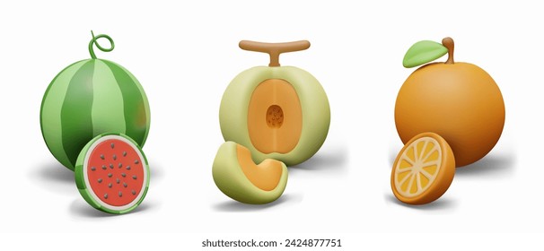 Whole watermelon, cantaloupe, orange and slice. Set of vector compositions